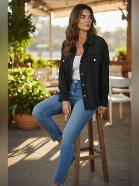 Black Button Down with White PEACE Graphic